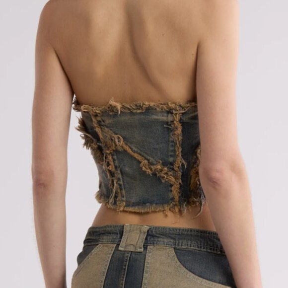 Urban Outfitters BDG Frayed Edge Strapless Sweatheart Neck Denim Corset M - Picture 2 of 8